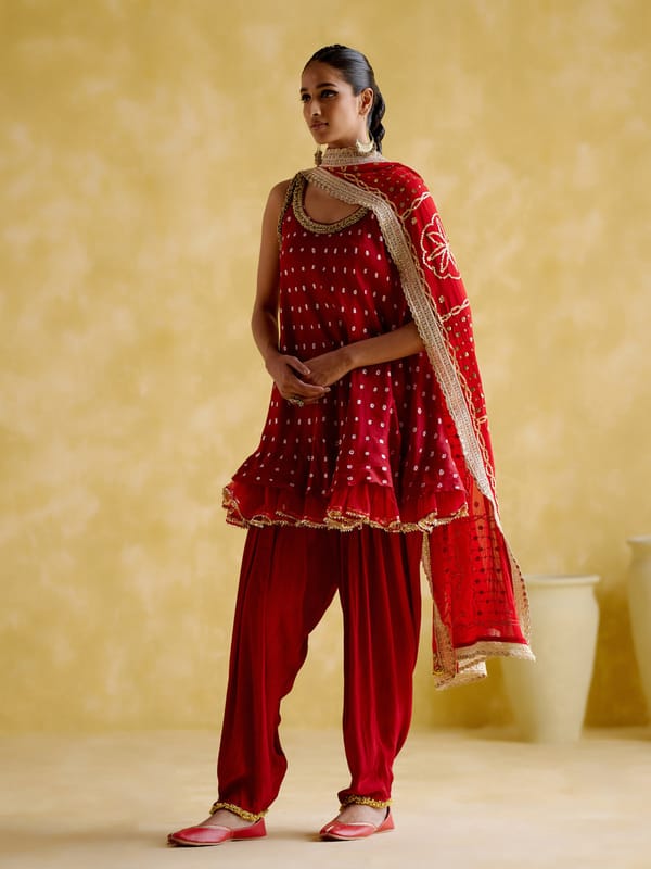 Red Bandhani Anarkali Kurta Set with Dupatta — 5 Elements