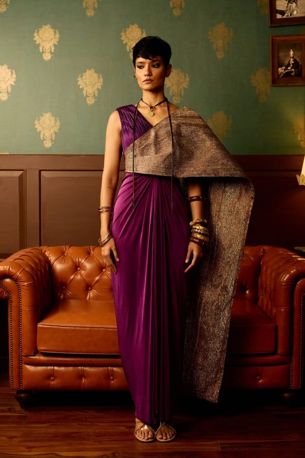 Purple Saree Drape Maxi Gown with Gold Pallu Detail — Reeti Arneja