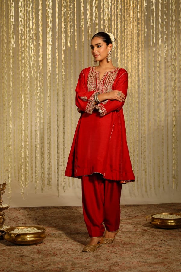 Deep Red Silk Dupion Embroidered Choga Kurta Set — Sheetal Batra