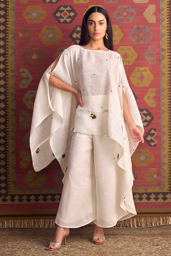 Off White Gauze Linen Embroidered Winged Cape — YELL