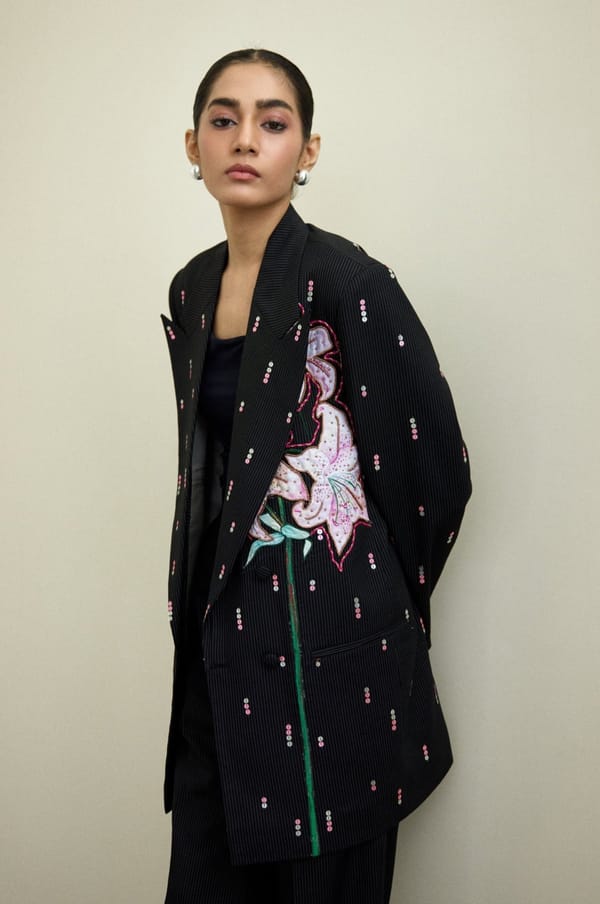 Black Pinstripe Longline Blazer with Floral Applique — THE FINICKY COLORIST