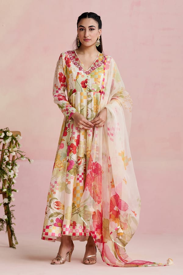Pastel Floral Printed Anarkali Kurta Set With Dupatta — NIRVAIR CLOTHING