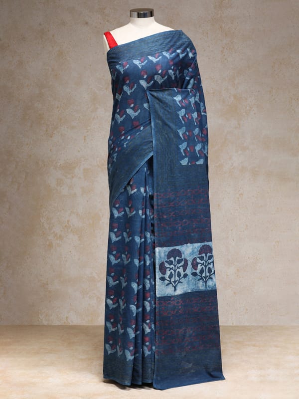 Indigo Blue Handblock Printed Floral Butta Ajrakh — BINKS