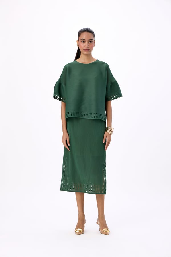 Green Pleated Boxy Top and Midi Skirt Co-ord Set — Scarlet Sage