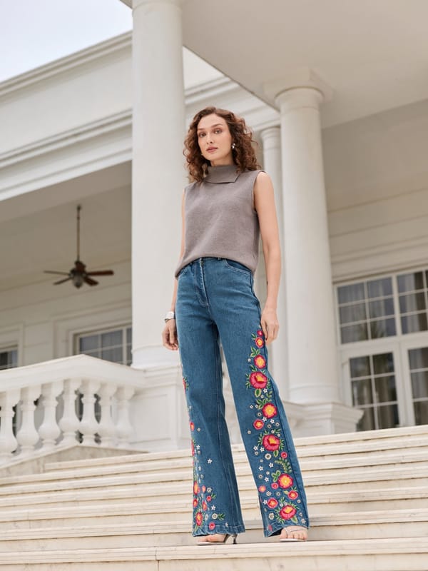 Blue High-Rise Straight-Leg Jeans with Side Floral Embroidery — Style Island