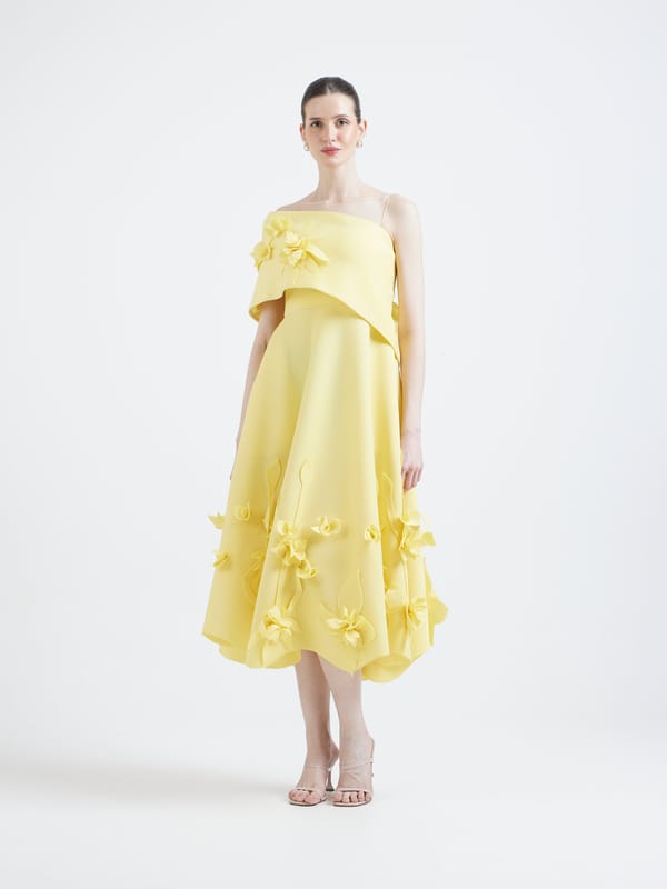Yellow Neoprene Fit and Flare Midi Dress with 3D Florals — OZEQO
