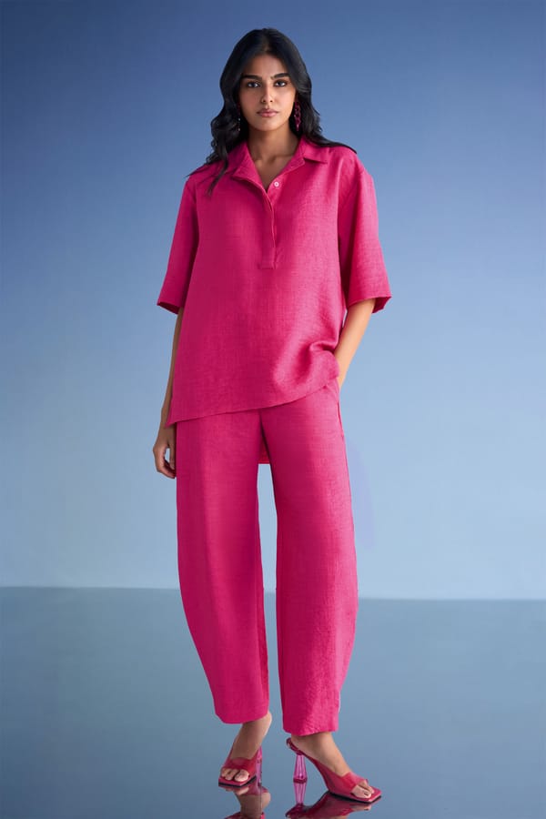 Fuchsia Straight Cut Linen-Blend Relaxed Trousers — Dash and Dot