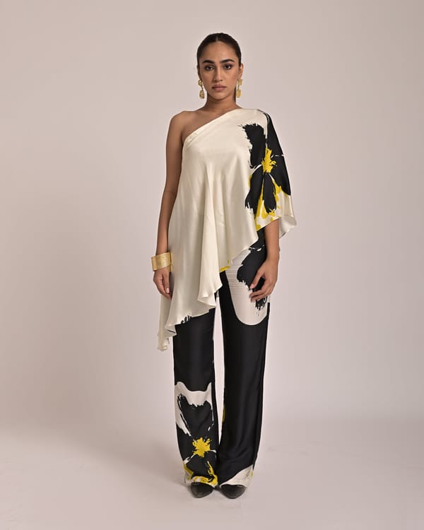 Ivory One-Shoulder Modal Satin Printed Long Top — Missy Co.