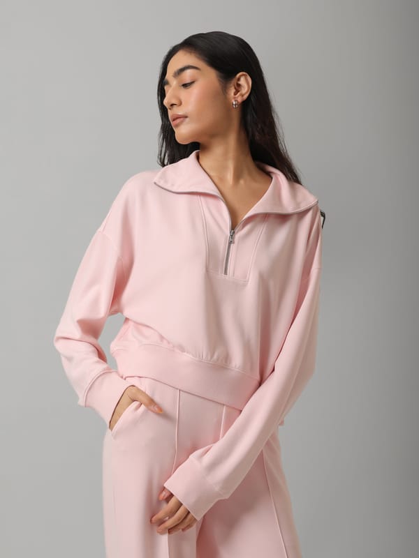 Pink Cropped Quarter-Zip Pullover Top — Necesera