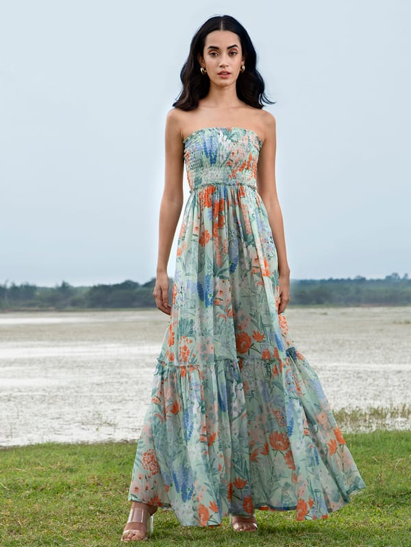 Blue Floral Strapless Smocked Wide-Leg Jumpsuit — House of Soi