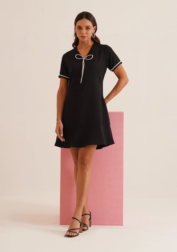 Black Crepe A-Line Mini Dress with Rhinestone Bow — AMOSHI
