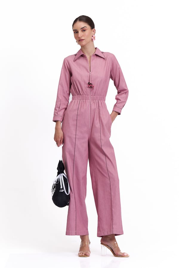 Rosewood Cotton Denim Zip-Front Relaxed-Fit Jumpsuit — Our Love