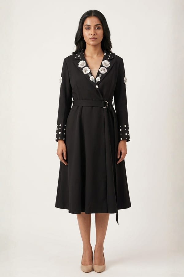 Black Embroidered Blazer Midi Dress with Detachable Belt — Our Love