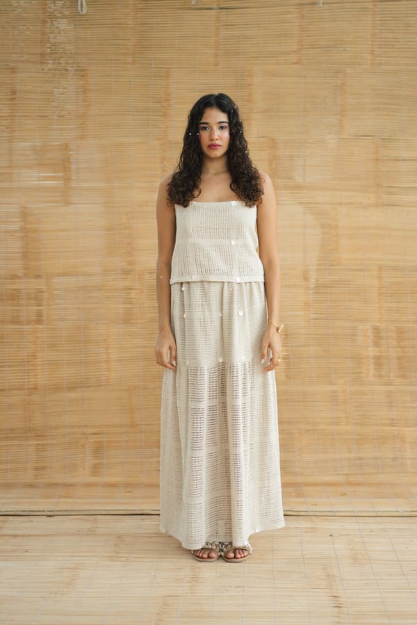Beige Crochet Top and Tiered Maxi Skirt Co-ord Set — Label Sugar