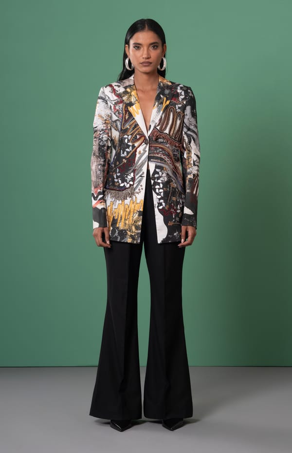 Multicolor Abstract Print Satin Twill Longline Blazer — ADVAIT