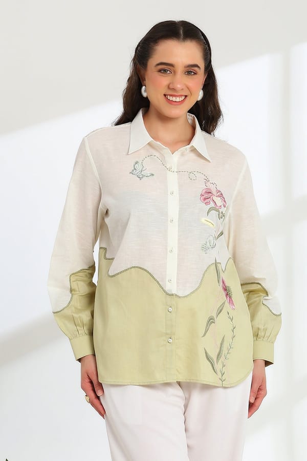 Off White and Sage Colorblocked Embroidered Shirt — DAREISS