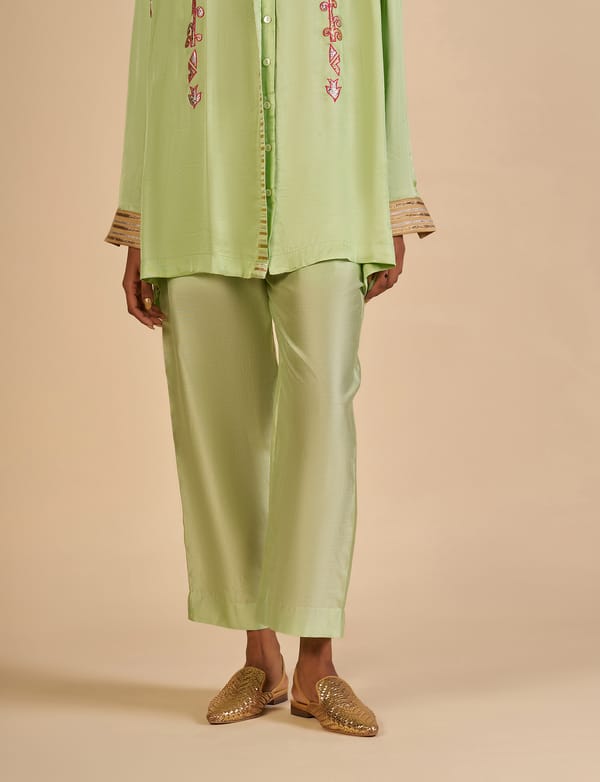 Pista Green Silk Chanderi Straight-Leg Pants — Gulabo by Abu Sandeep