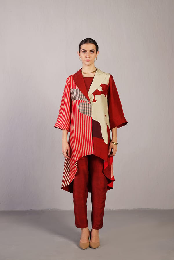 Crimson Red Asymmetrical Jacket Co-ord Set With Pants — CLOS
