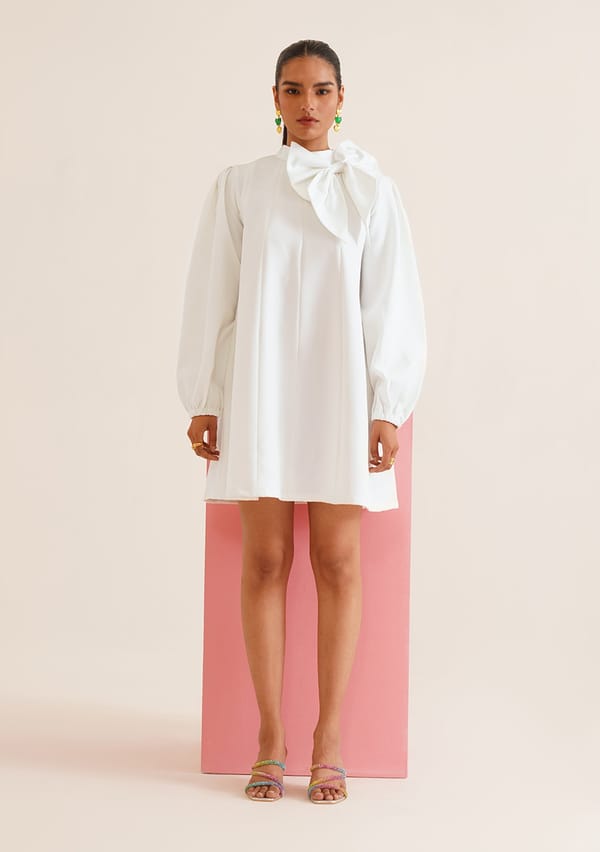 White High Neck Bow Mini Dress — AMOSHI