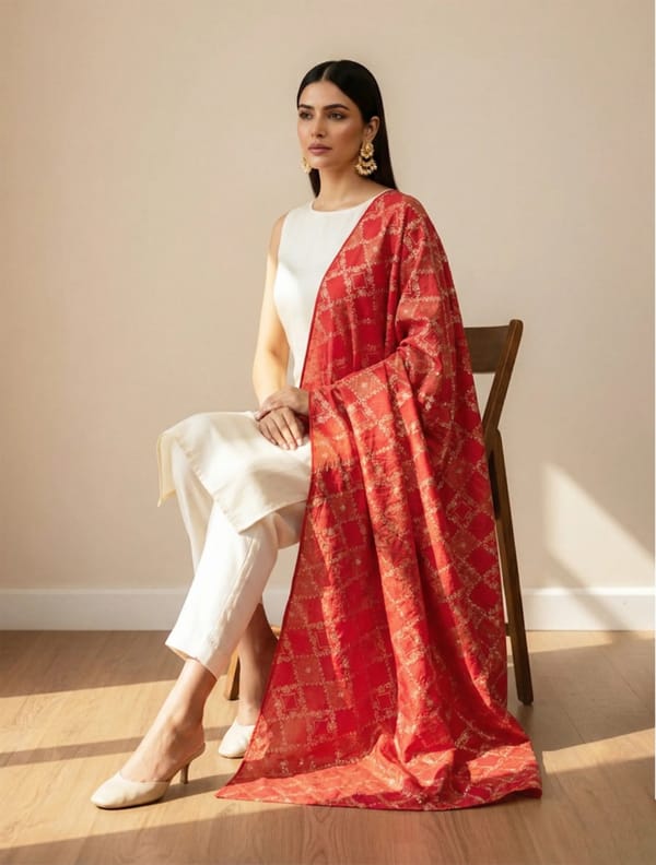 Red Diamond Brocade Dupatta — Truebrowns
