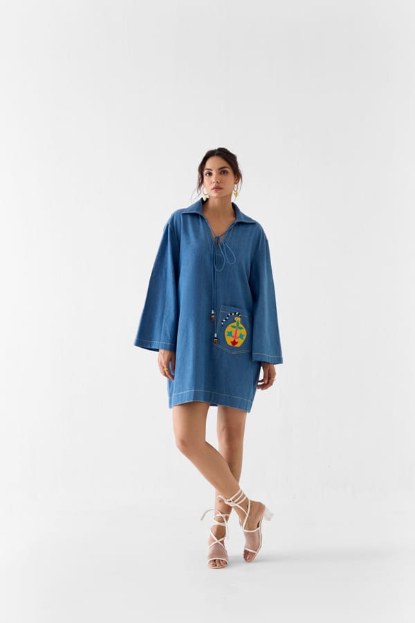 Denim Blue Tie-Up Mini Shift Dress with Patch Pocket — Studio Rigu