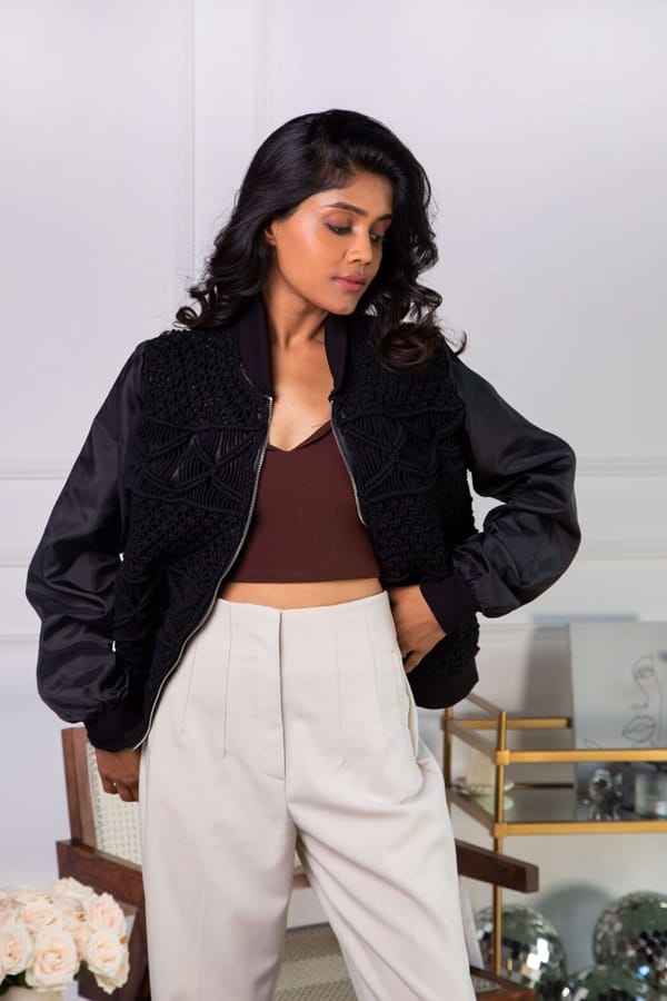 Black Macrame-Texture Bomber Jacket with Front Zip — Rhe-Ana