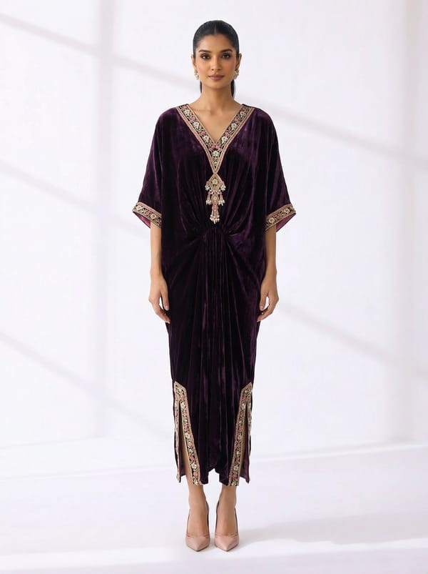Purple Velvet V-Neck Kaftan with Zari Border — DHARINI