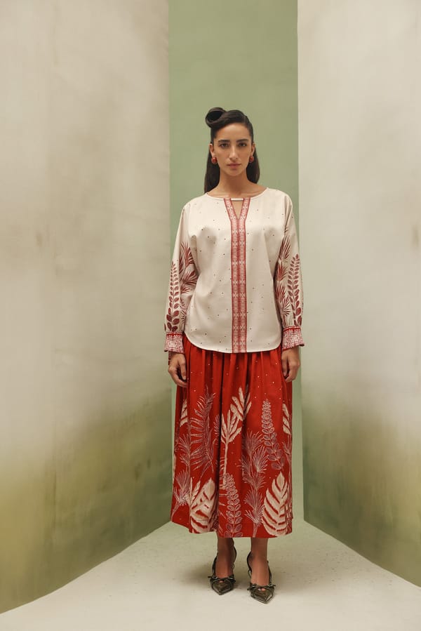 Ivory Cotton Satin Printed Top with Boat Neck Keyhole — SHOP NOIB