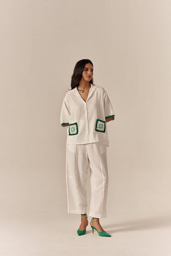 White Crochet Pocket Shirt and Pants Co-ord Set — Spacelines