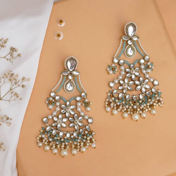 Pastel Kundan Earrings with Floral Design and Pearl Fringe — BeAbhika