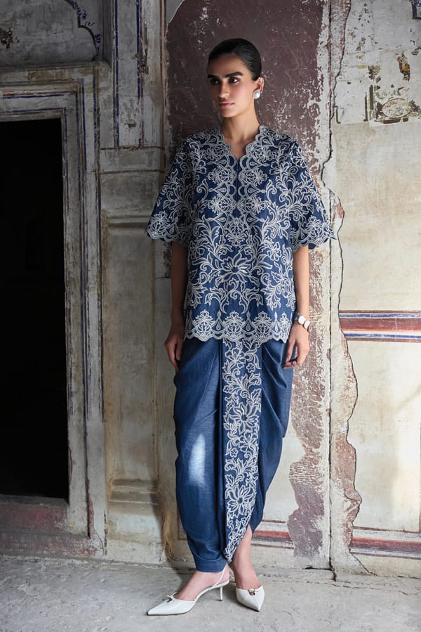 Metallic Thread Embroidered Scalloped Denim Top & Dhoti Pant — Dash and Dot