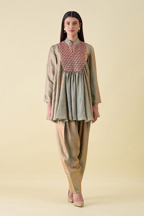 Fawn Dual Silk Embellished Peplum Co-ord Set — Aakaar