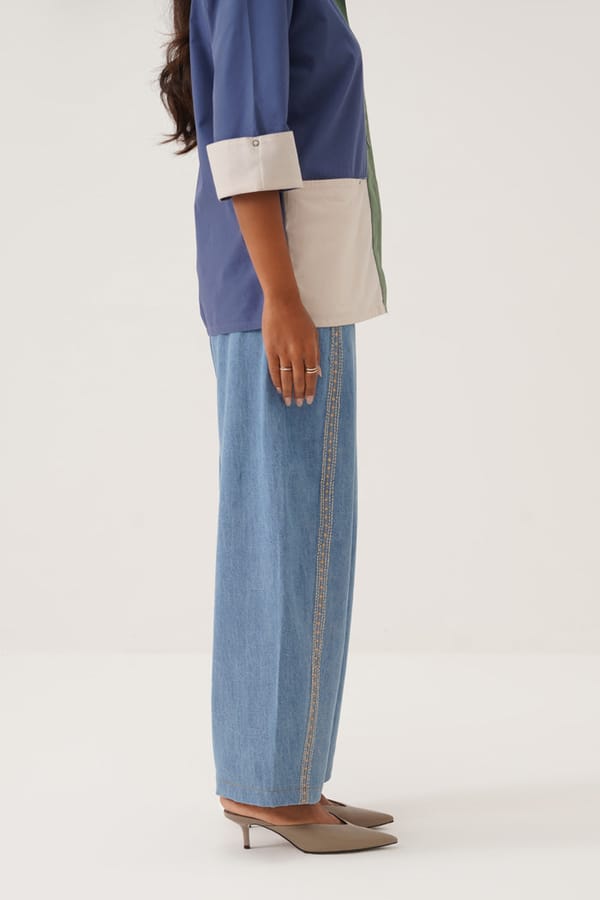 Blue High-Waist Barrel-Leg Cotton Denim Trousers — Spacelines