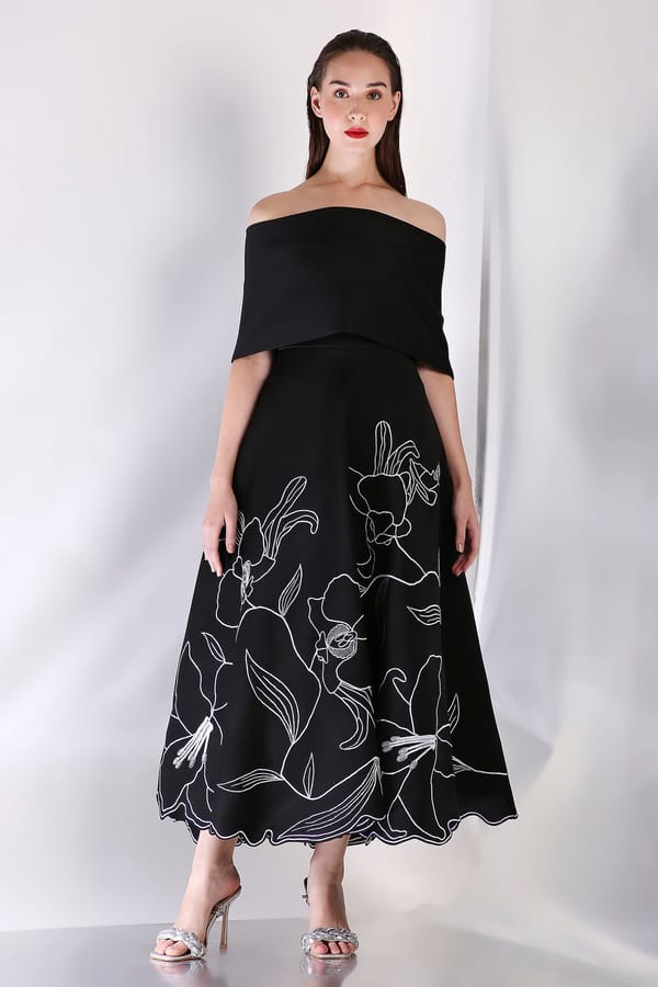Black Neoprene Fit and Flare Midi Dress with Wrap — OZEQO
