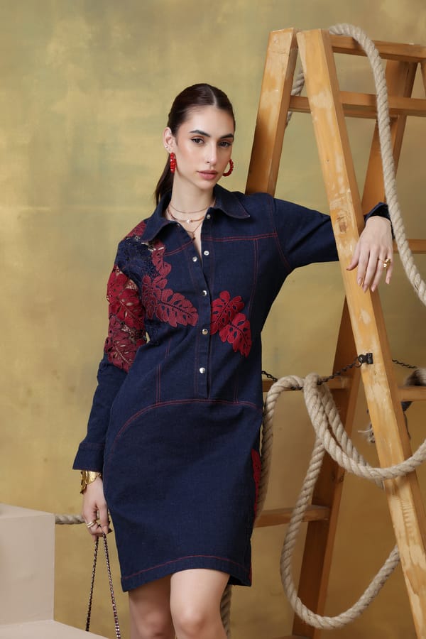 Dark Denim Belted Shirt Dress with Lace Panels — Rhe-Ana