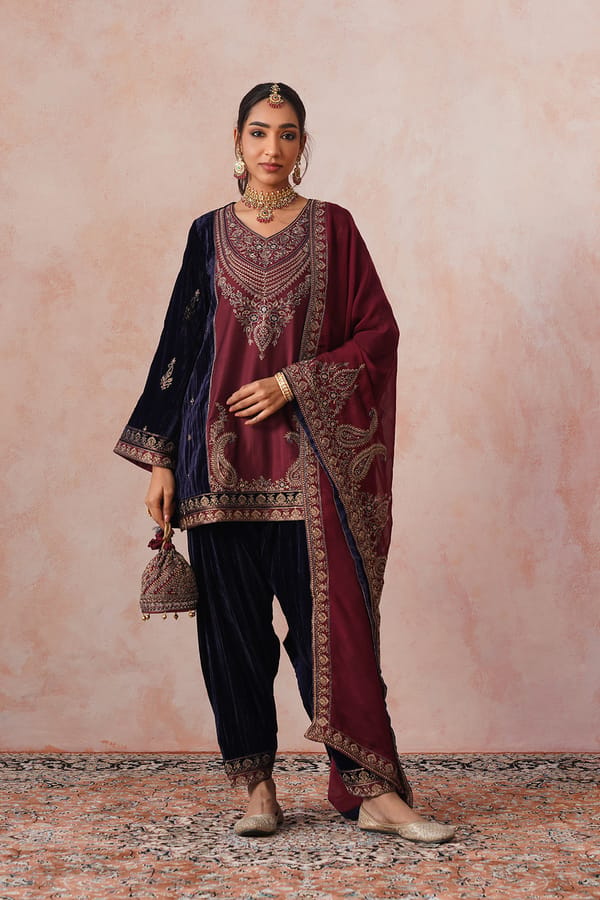Navy Maroon Velvet Embroidered Kurta Set with Dupatta — INCHING INDIA