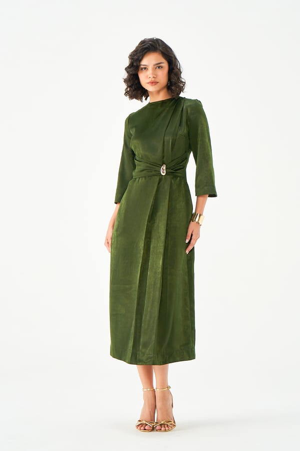 Olive Green High Neck Belted Midi Dress — NOTEBOOK