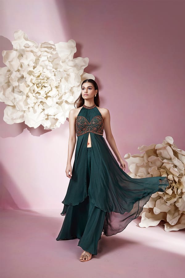 Deep Emerald Chiffon Halter and Palazzo Co-ord Set — QUNIC