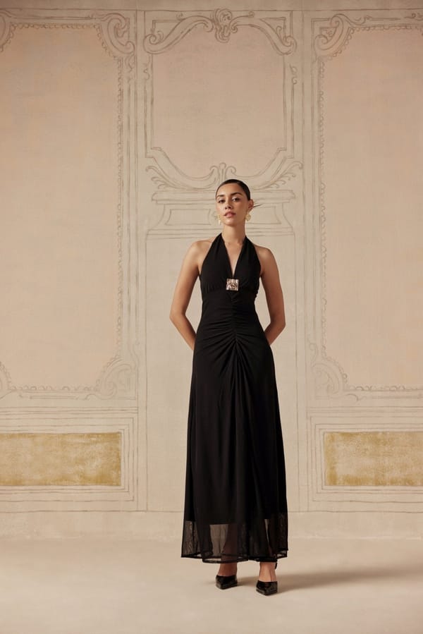 Black Halter Neck Ruched Maxi Dress with Metallic Accent — Sage by Mala