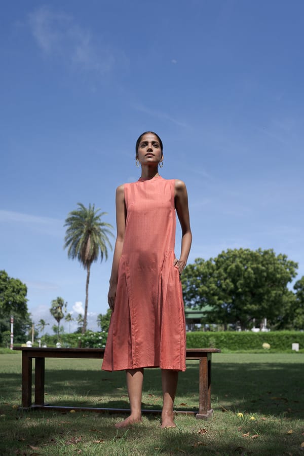 Peach Eri Silk High Neck Sleeveless Midi Dress — ALTER NATIVE