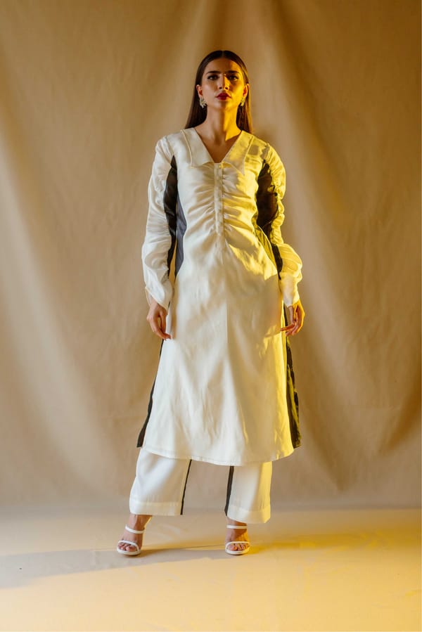 Cream and Black Colorblock Kurta Set with Button Placket — An'era by Asmita Verma