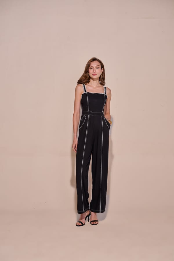 Black Square Neck Wide-Leg Jumpsuit with Contrast Stitching — Style Island