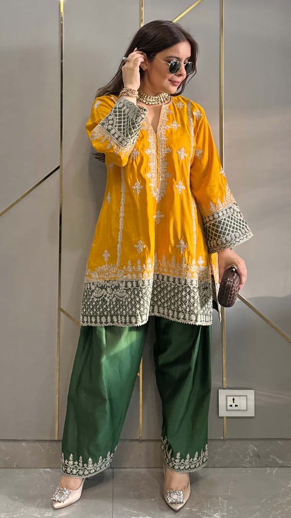 Mustard Chanderi Short Phiran Kurta with Farshi Salwar — Kylee Fashions
