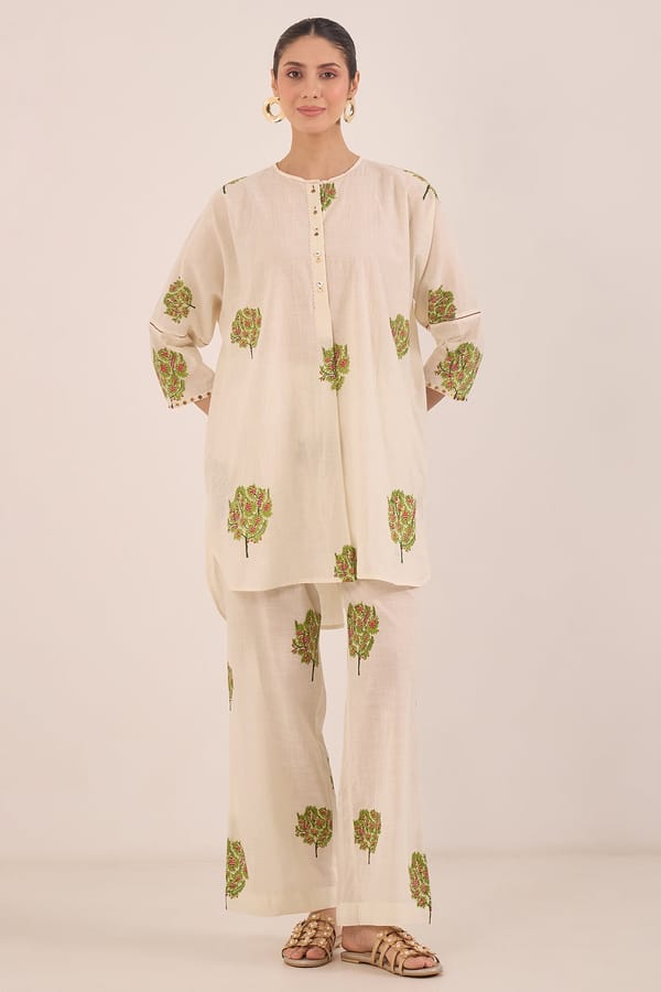 Ivory Cotton Printed Tunic and Wide-Leg Pants Co-ord Set — SHIVANI BHARGAVA