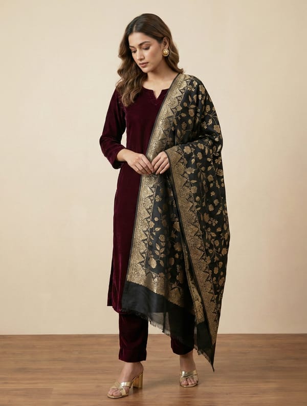 Black Gold Floral Woollen Stole — Truebrowns