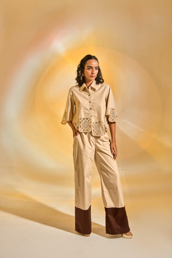 Cream Cropped Cotton Poplin Shirt with Cutwork Detail — An'era by Asmita Verma