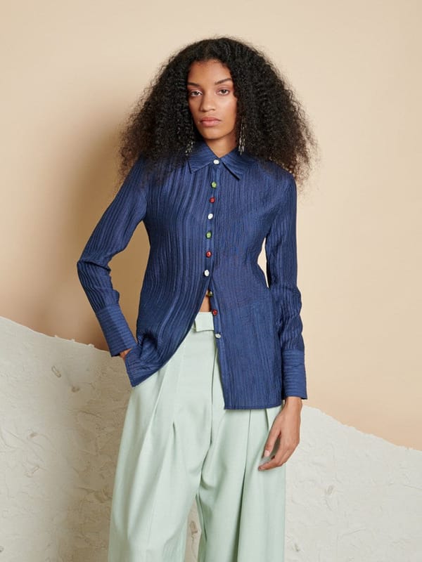 Navy Crinkle-Texture Fitted Button-Down Shirt — SISTER JANE