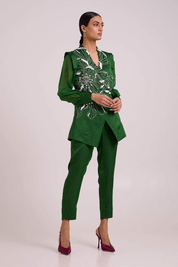Green Floral Embroidered Blazer and Pant Co-ord Set — Madder Much