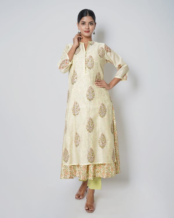 Pale Yellow Handblock Print Chanderi Double — Kameez