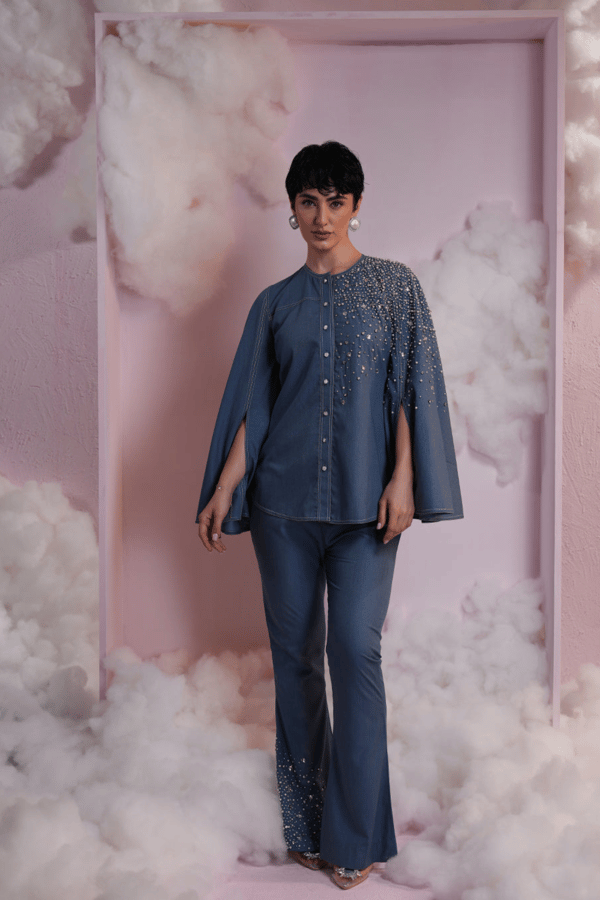 Denim Embellished Cape-Sleeve Co-ord Set — Simar Tuli